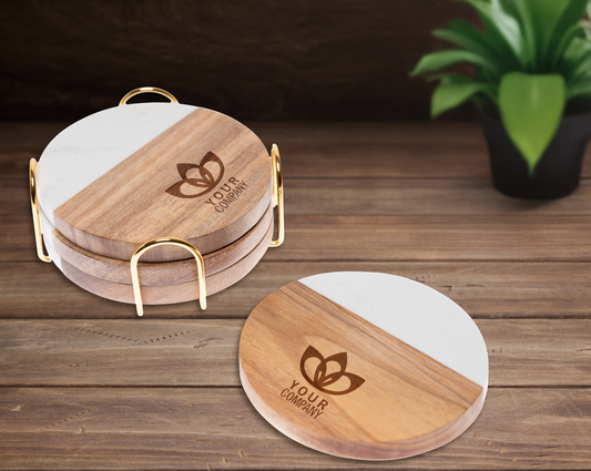 Engraved Round Marble & Acacia Wood Coaster